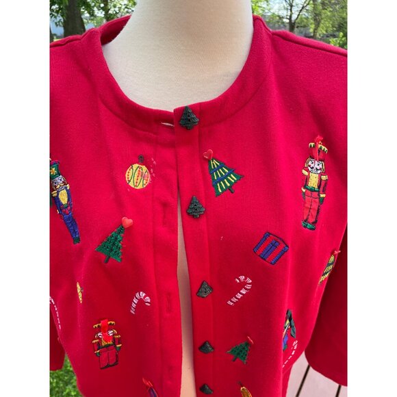Karen Scott II Red Christmas Cardigan Sweater W/ Nutcracker & Tree Embroidery 3/ - Picture 2 of 8